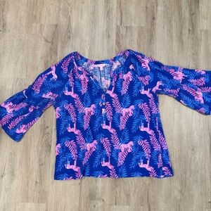 Lilly Pulitzer Teigen Blouse Top Zebra Print Flounce Sleeves Size XL
